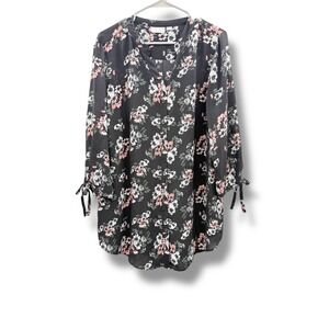 Joan Rivers Floral Blouse Women's 18W Black Pink Long Sleeve Tunic with Ties